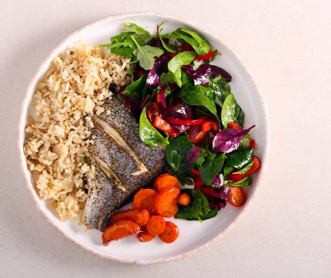 plate of food with carbs, protein and vegetables