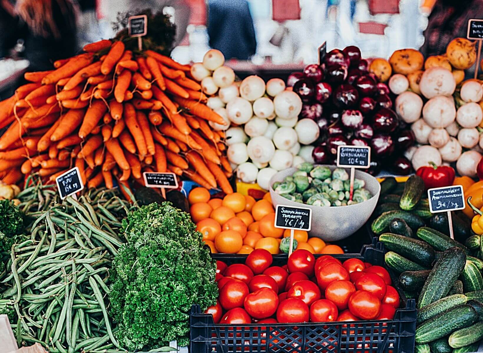 Baskets of fruits and vegetables at a market